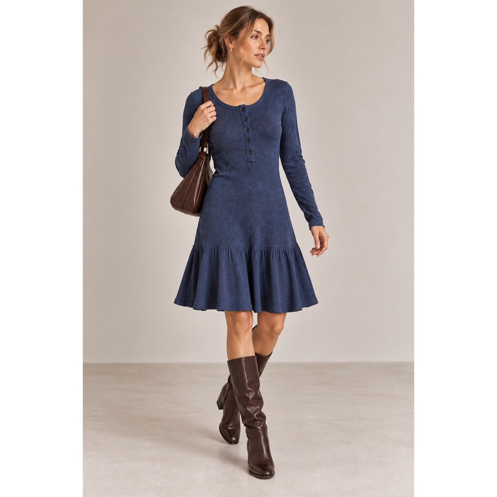 Max Jeans Henley Dress Women M Navy Blue Ruffle Hem Ribbed Knit Coquette Western